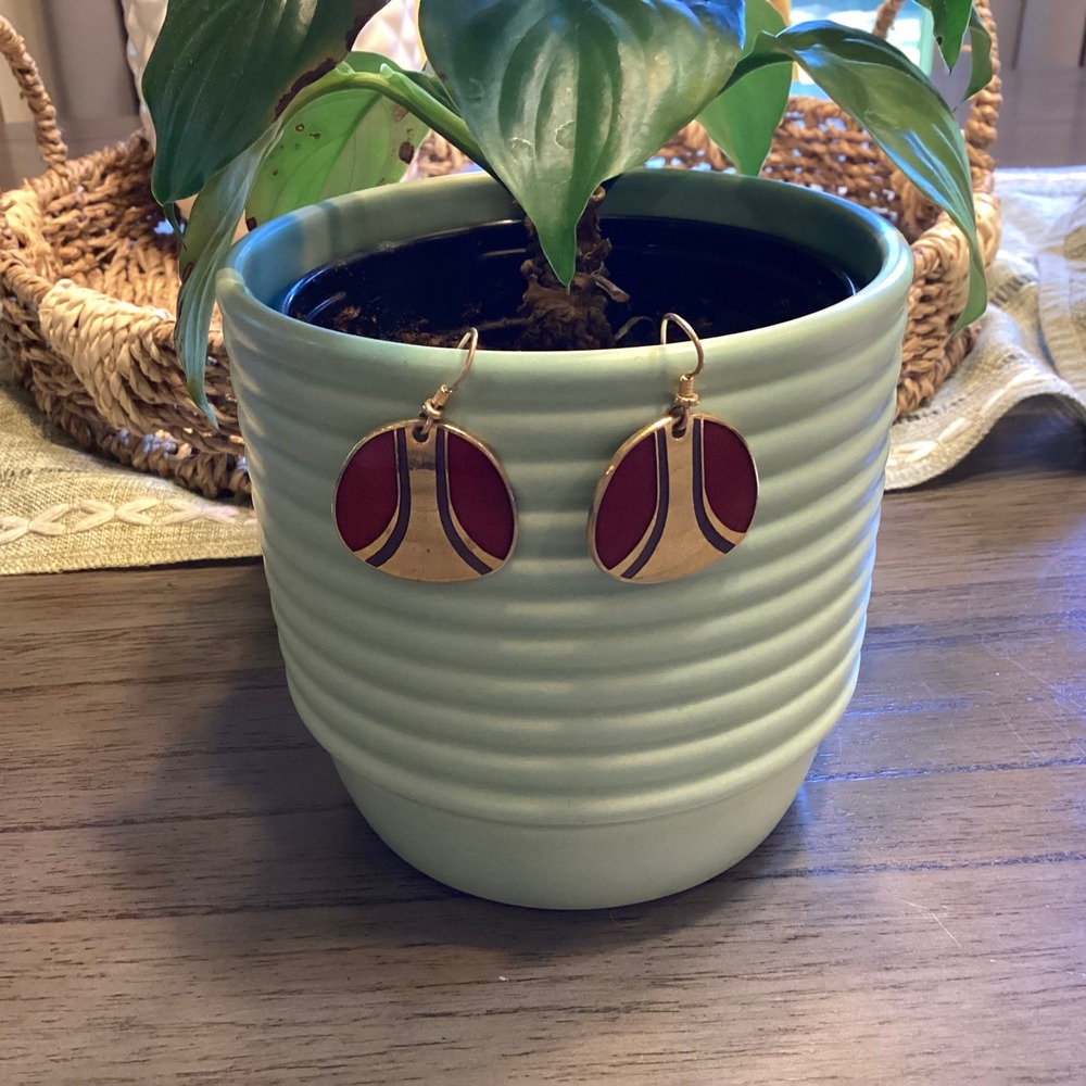 Laurel Burch Vintage Red Gold Enamel Abstract Drop Dangle Earrings Signed Art